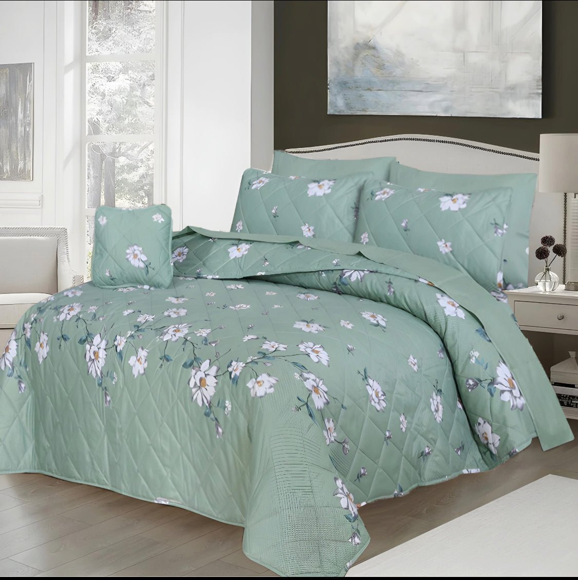 BED SHEET SET 3PCS - FLORAL SEA GREEN - Waqashomeltd