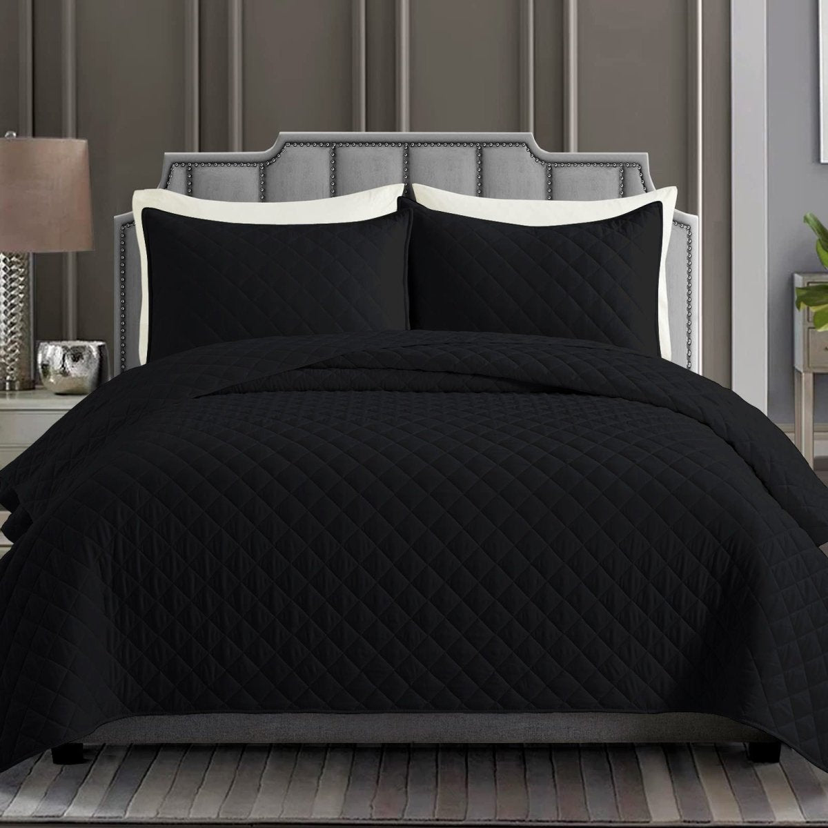 DIAMOND QUILTED SUMMER BEDSPREAD - BLACK - Waqashomeltd