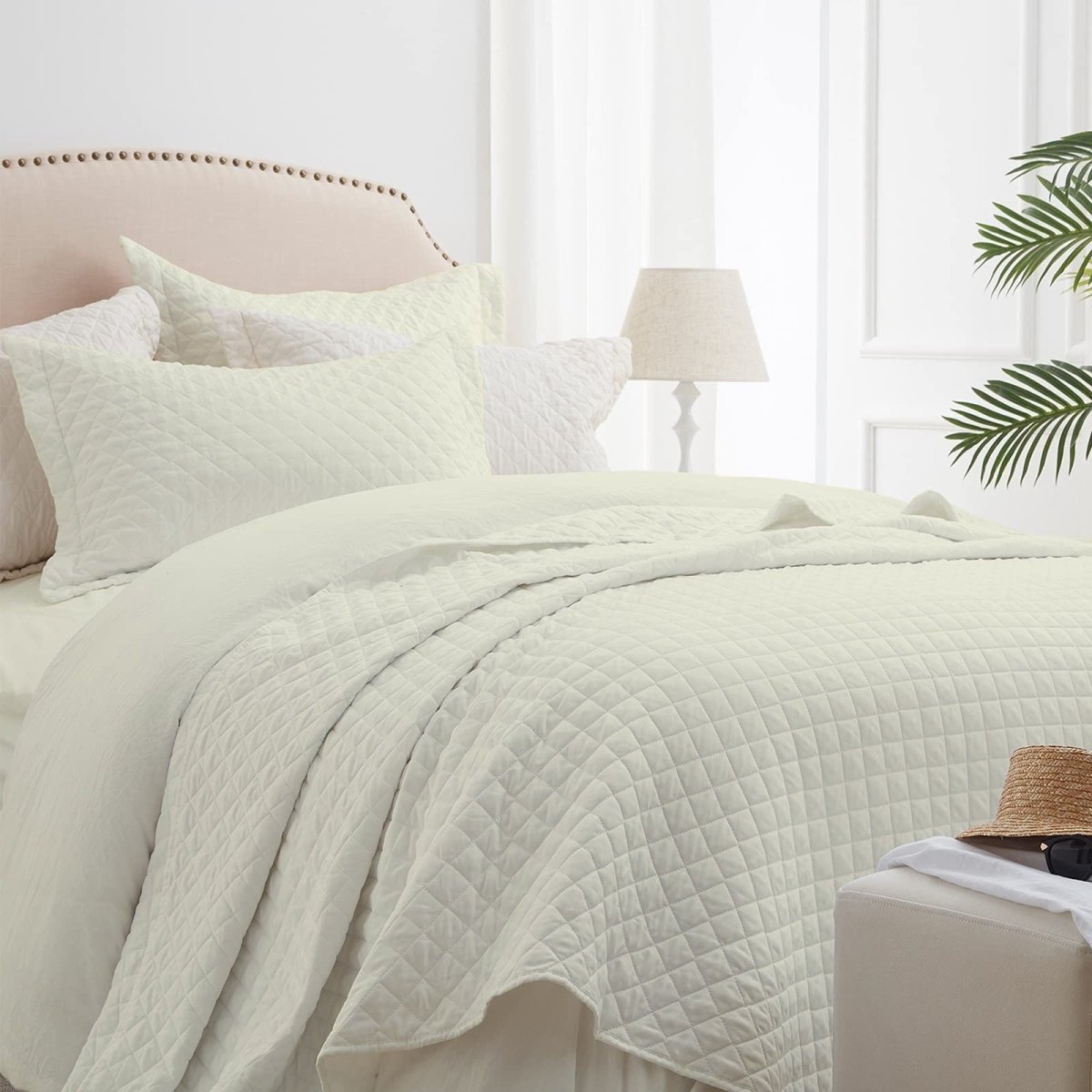 DIAMOND QUILTED SUMMER BEDSPREAD - CREAM - Waqashomeltd