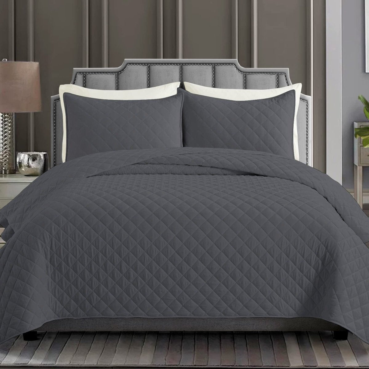 DIAMOND QUILTED SUMMER BEDSPREAD - GREY - Waqashomeltd