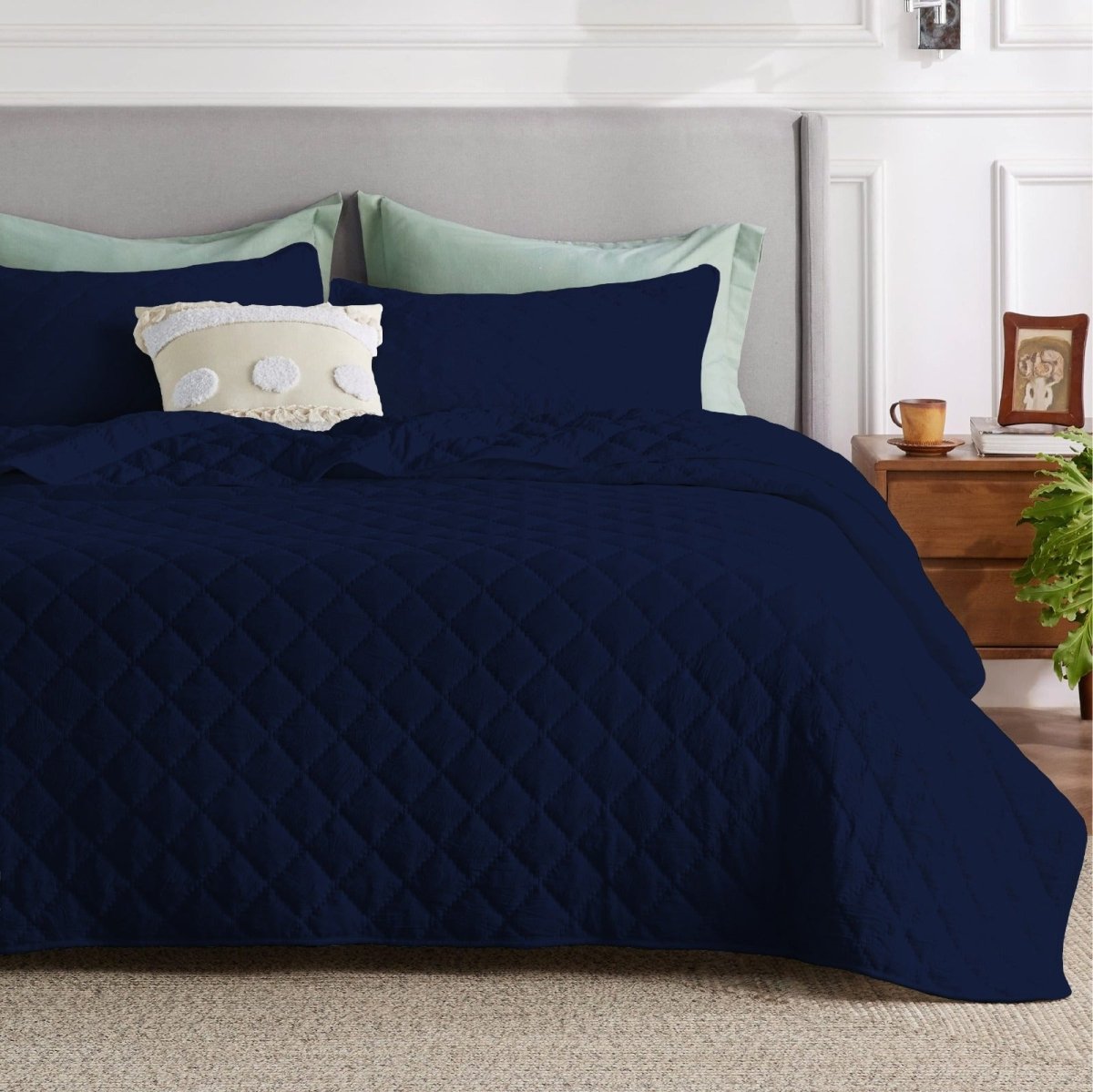 DIAMOND QUILTED SUMMER BEDSPREAD - NAVY BLUE - Waqashomeltd